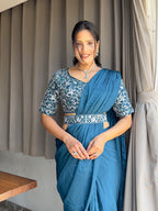 Ready To Wear Chinon Embroidery Work Saree With Stitched Blouse
