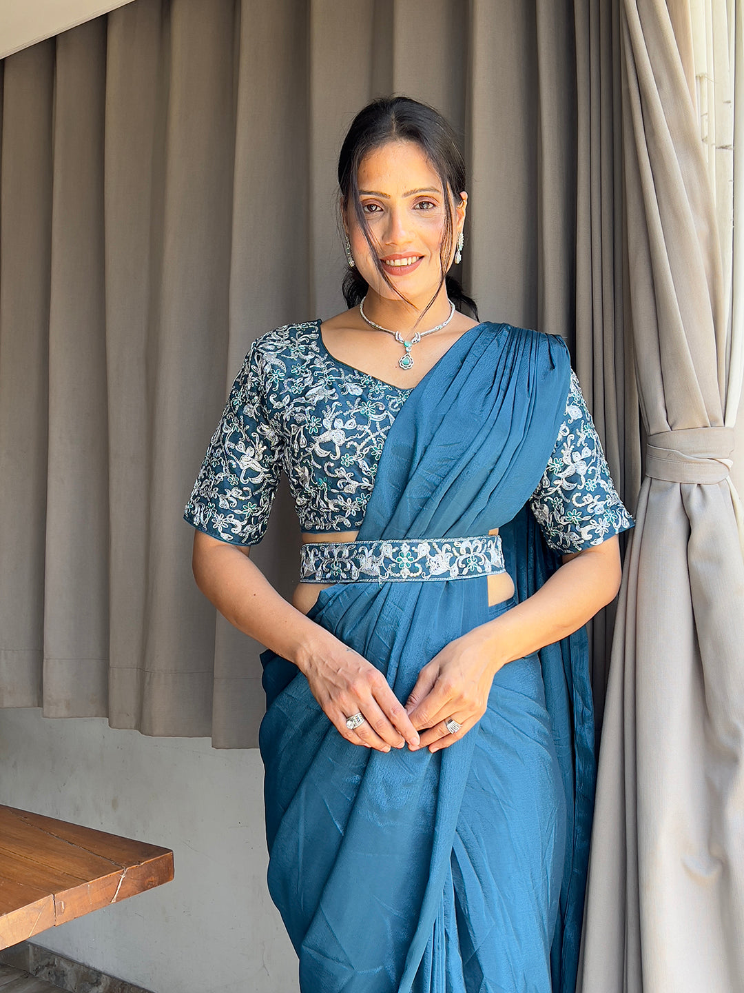 Ready To Wear Chinon Embroidery Work Saree With Stitched Blouse