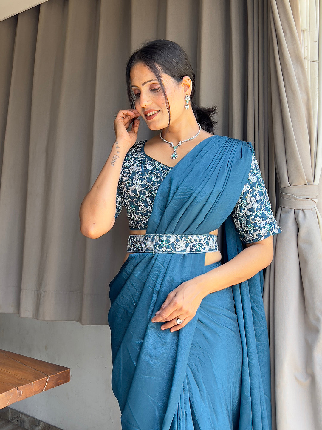 Ready To Wear Chinon Embroidery Work Saree With Stitched Blouse