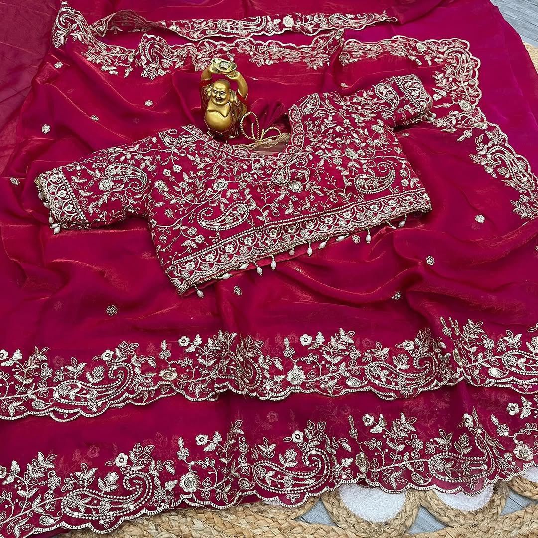 Fendy Satin Embroidered Saree With Stitched Blouse