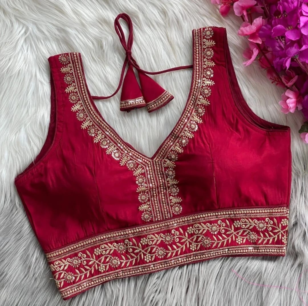 Vichitra Silk Sequin Embroidered Blouse with V-Neck & Tussels