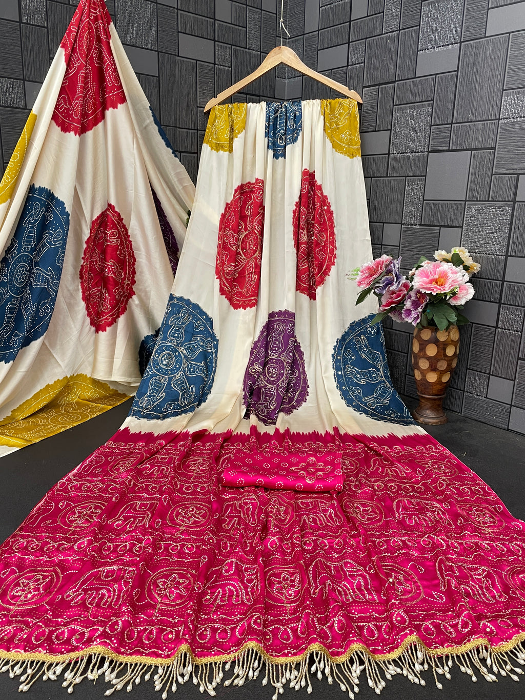 Satin Silk Saree with Bandhani Style Circular Motifs & Tassel Border