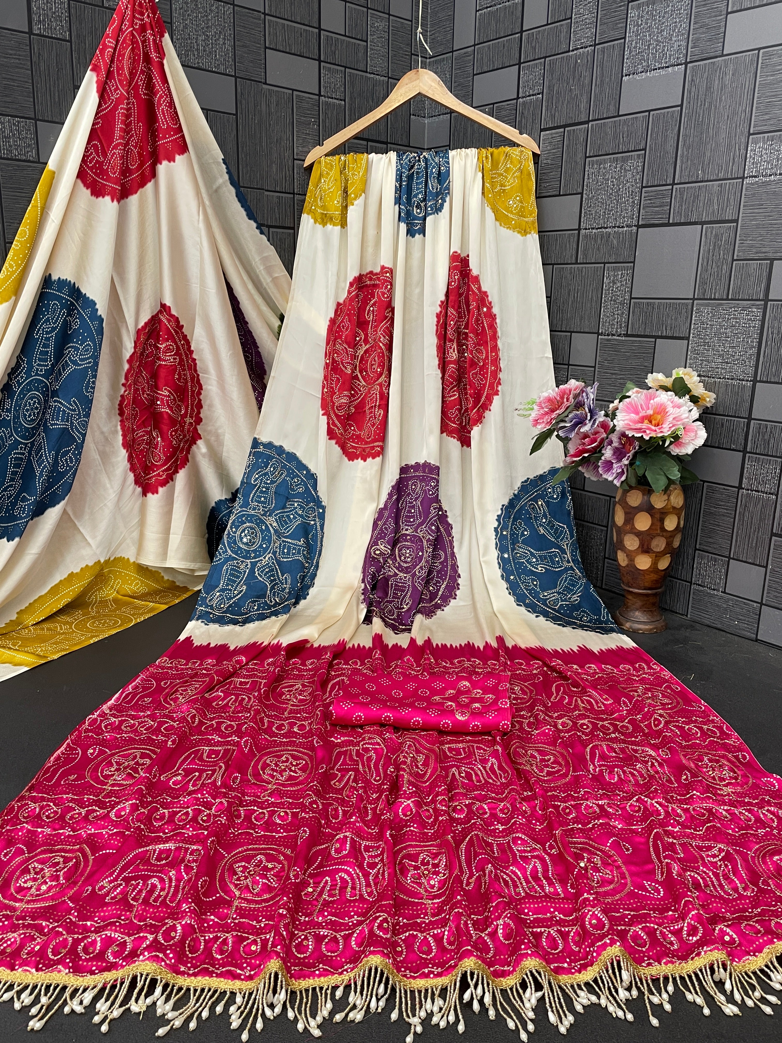 Satin Silk Saree with Bandhani Style Circular Motifs & Tassel Border