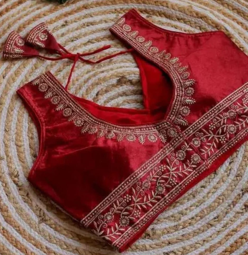 Vichitra Silk Sequin Embroidered Blouse with V-Neck & Tussels