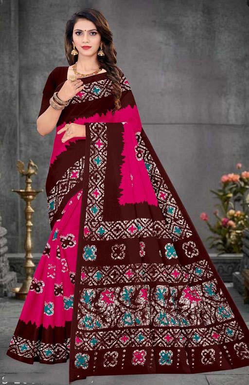 Women’s Printed Pure Cotton Hand Batik Print Saree - Pionex Fab