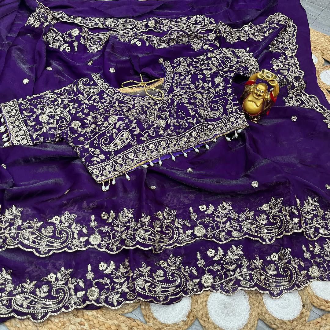 Fendy Satin Embroidered Saree With Stitched Blouse