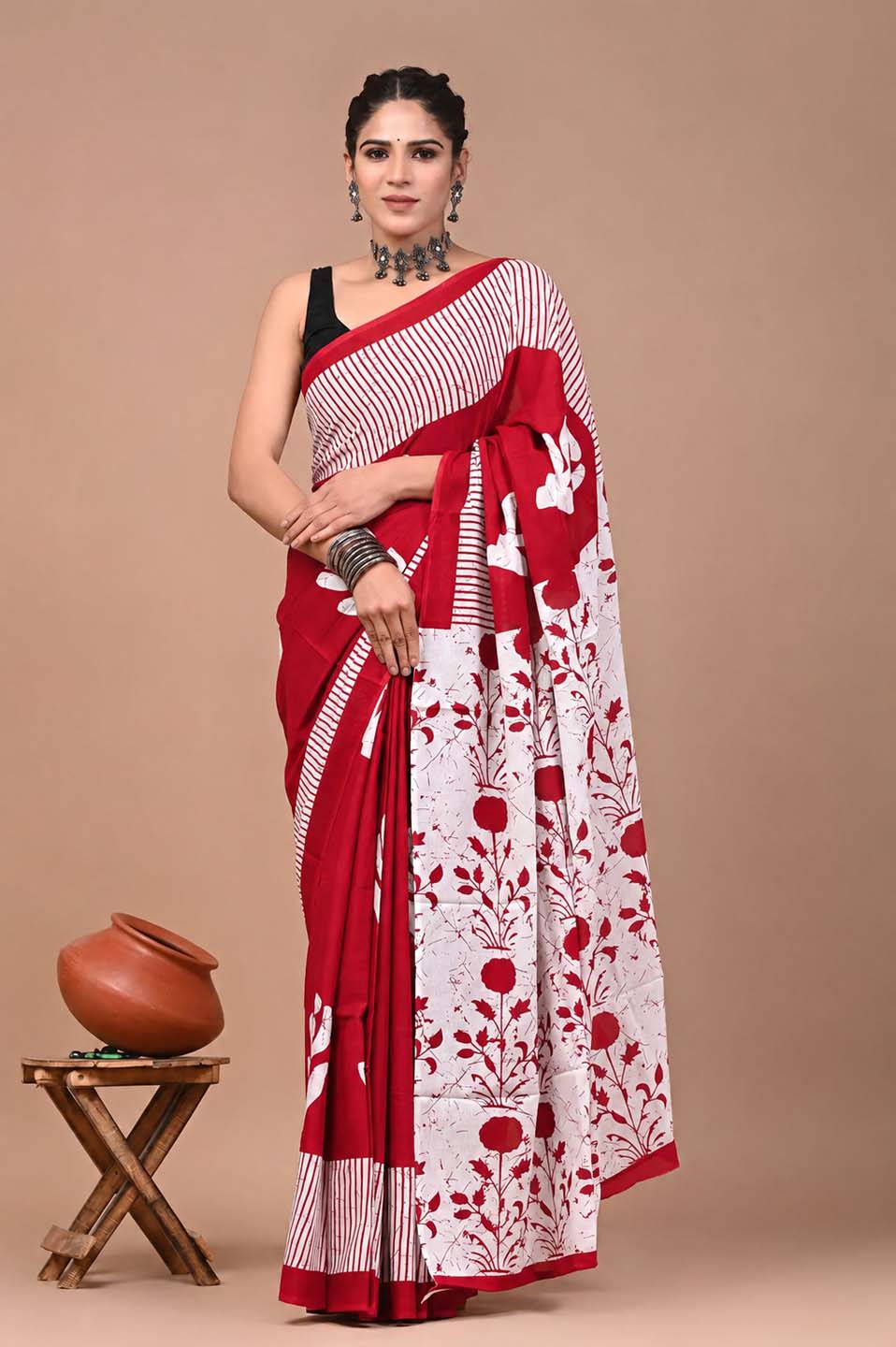 Ready to Wear Jaipuri Mul Cotton Saree for Women | Ikat Batik Printed Pre-Draped Saree