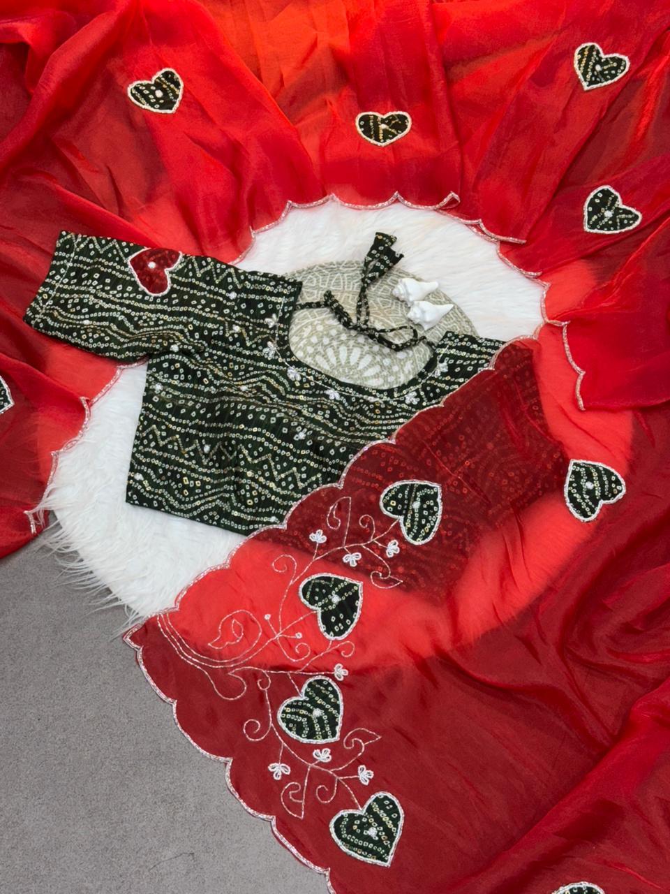 Royal Heart Motif Bandhani Saree with Rich Floral Pallu & Cutdana Embellishments