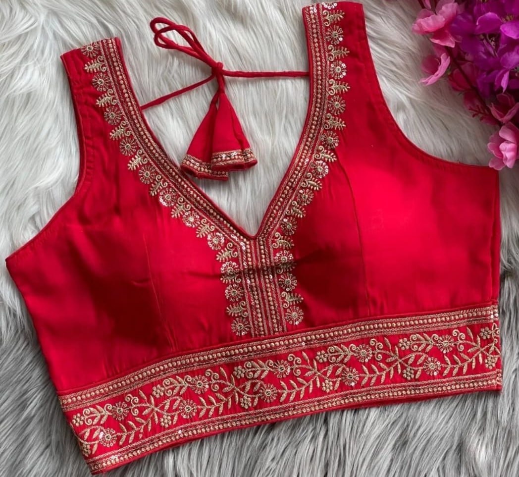 Vichitra Silk Sequin Embroidered Blouse with V-Neck & Tussels
