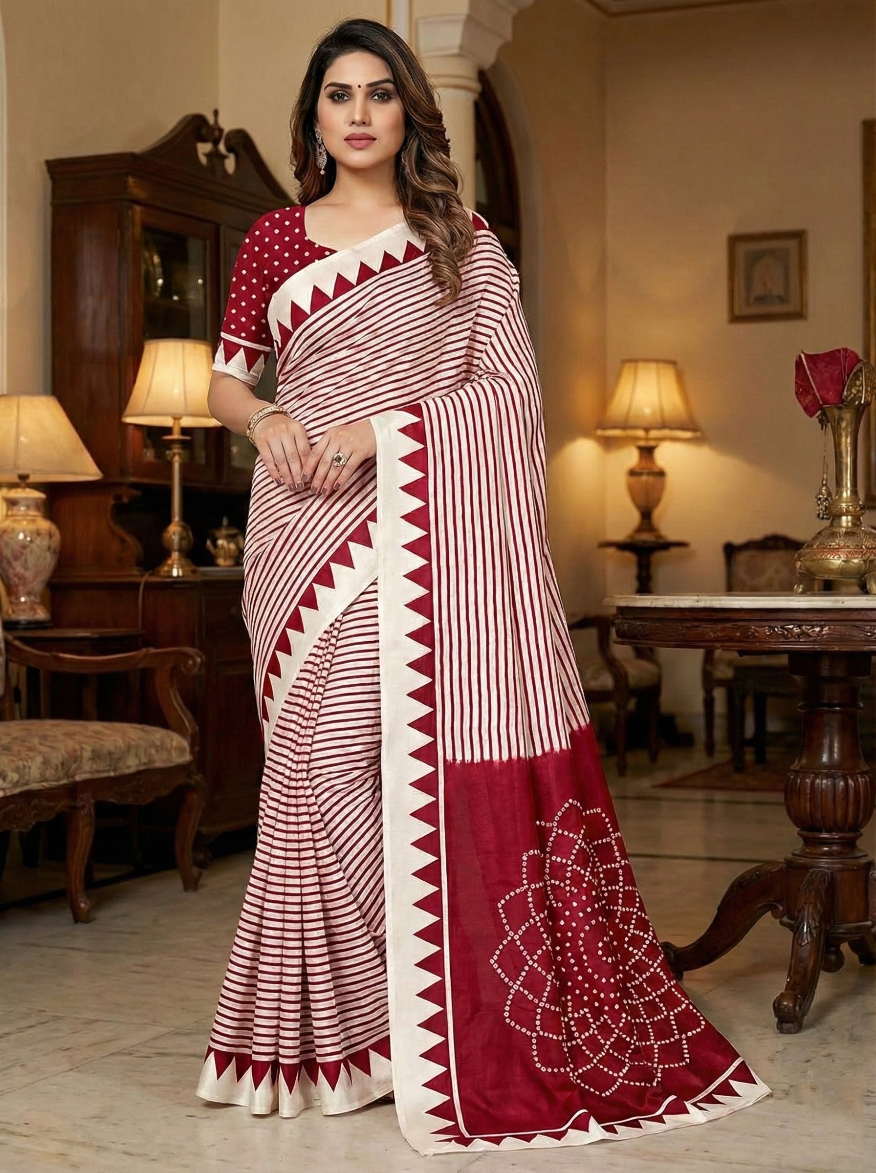 Crepe Silk Geometric Stripes & Traditional Bandhani Print Saree