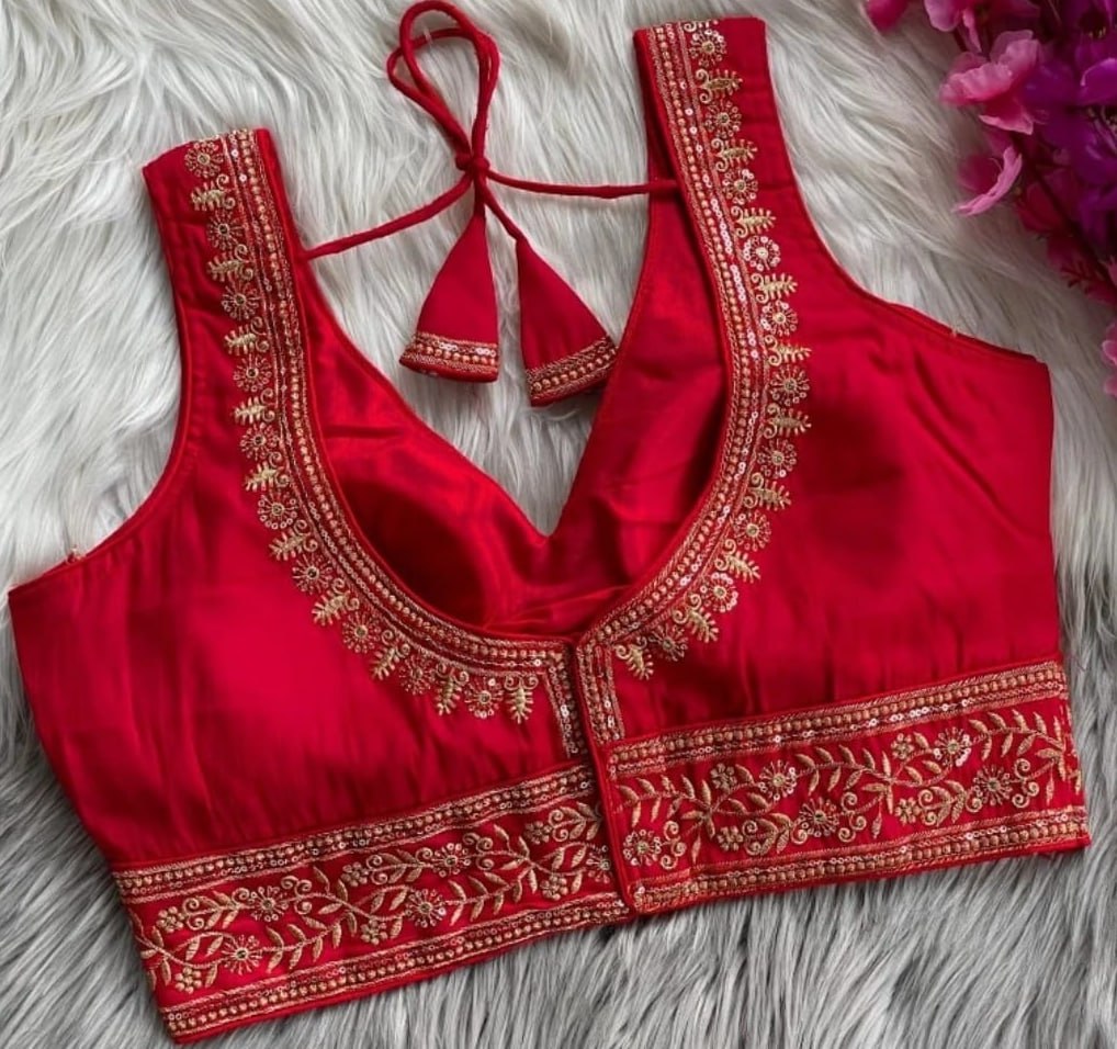 Vichitra Silk Sequin Embroidered Blouse with V-Neck & Tussels