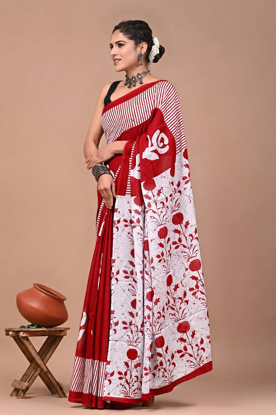 Ready to Wear Jaipuri Mul Cotton Saree for Women | Ikat Batik Printed Pre-Draped Saree