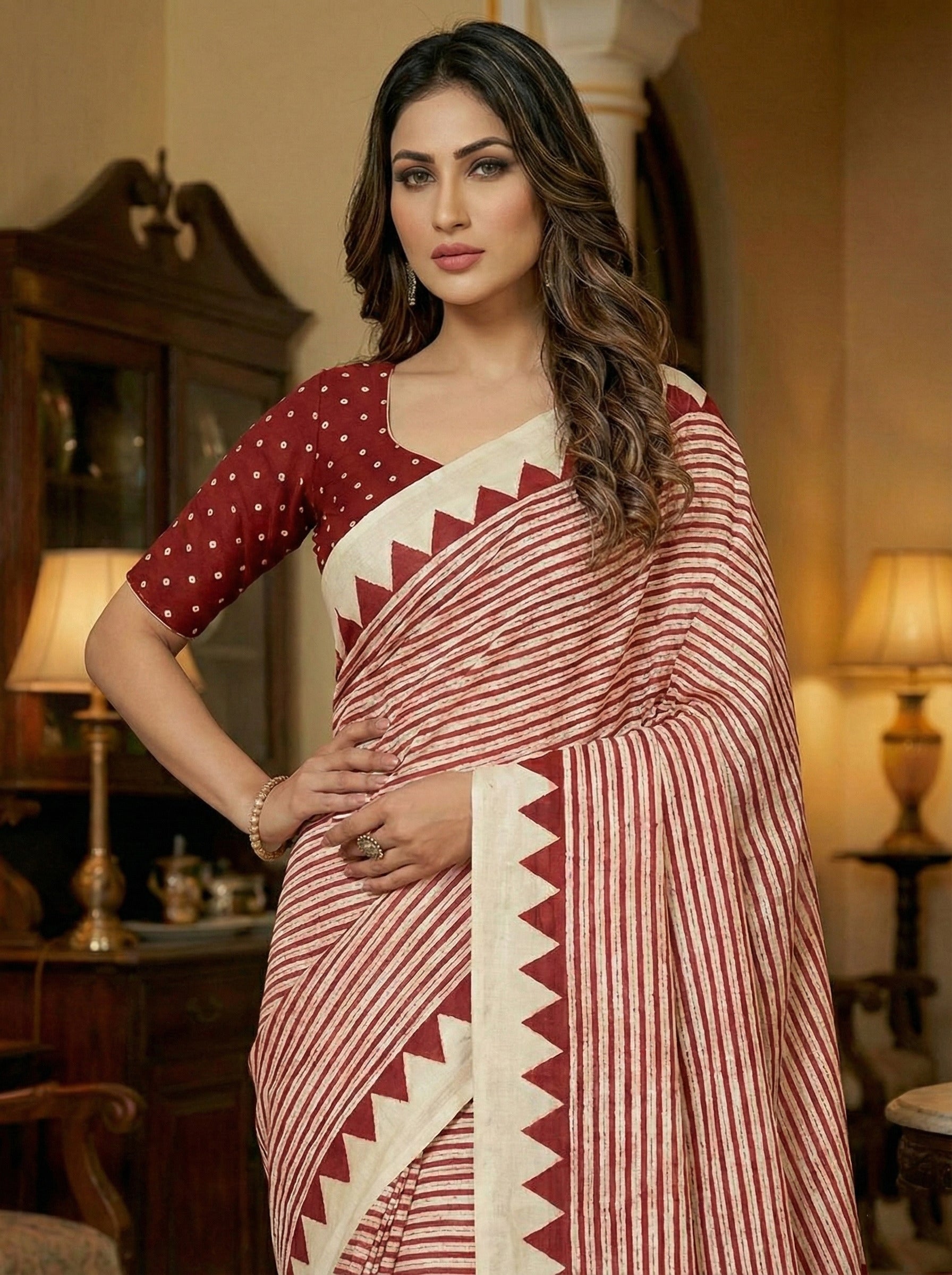 Crepe Silk Geometric Stripes & Traditional Bandhani Print Saree