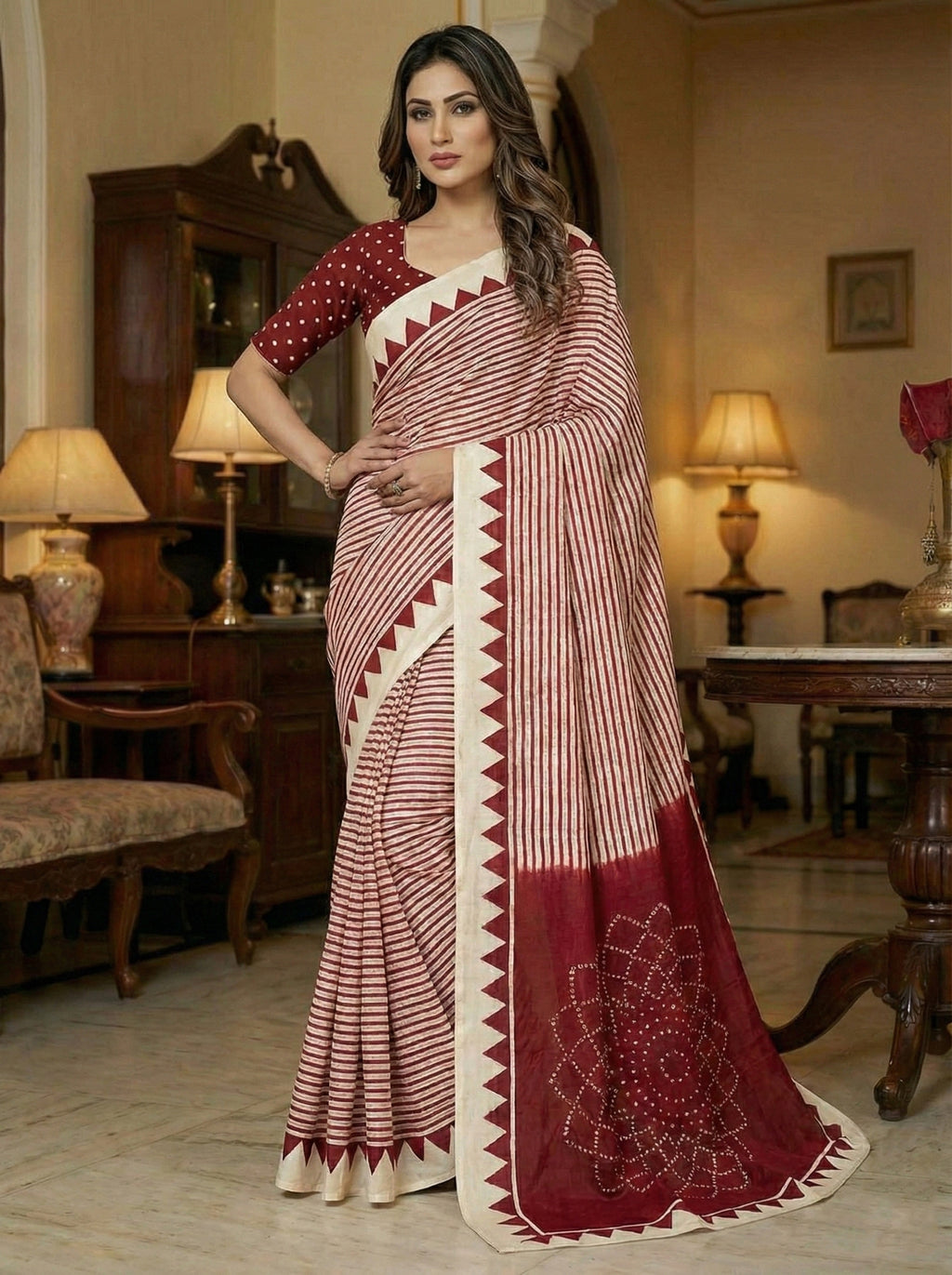 Crepe Silk Geometric Stripes & Traditional Bandhani Print Saree