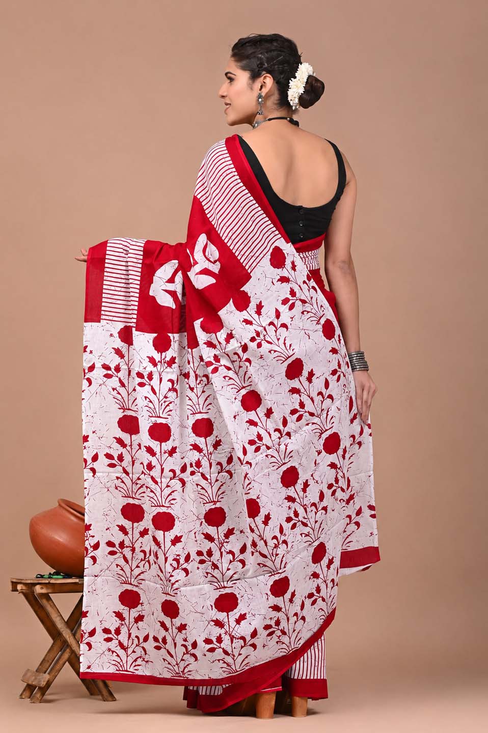 Ready to Wear Jaipuri Mul Cotton Saree for Women | Ikat Batik Printed Pre-Draped Saree