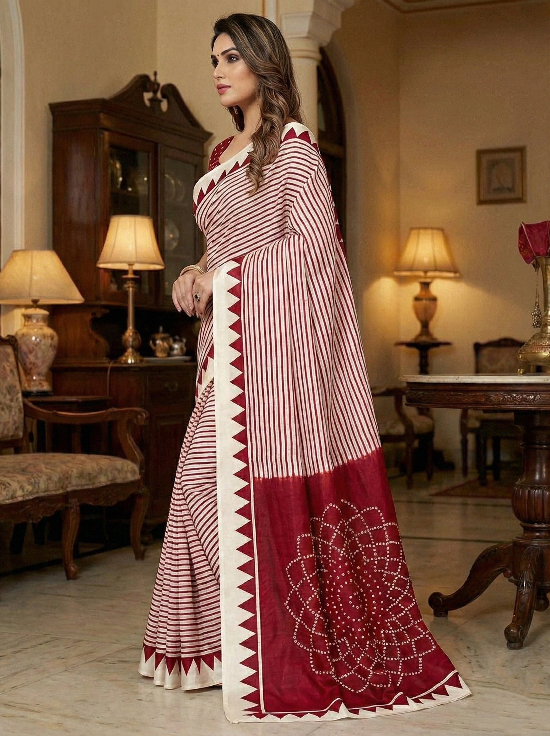 Crepe Silk Geometric Stripes & Traditional Bandhani Print Saree