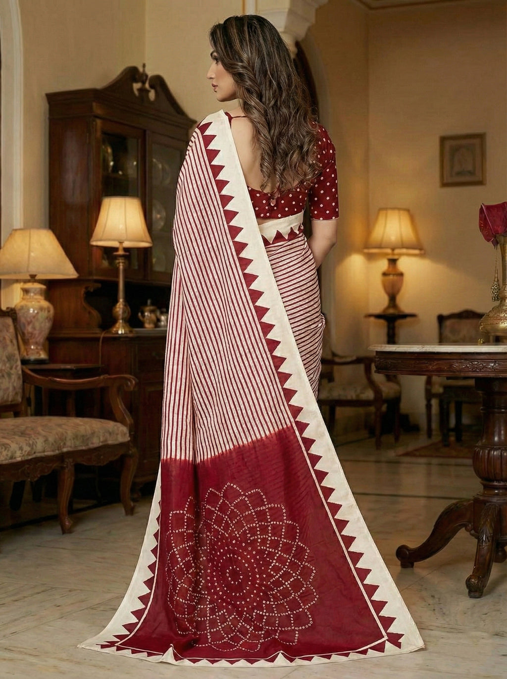 Crepe Silk Geometric Stripes & Traditional Bandhani Print Saree