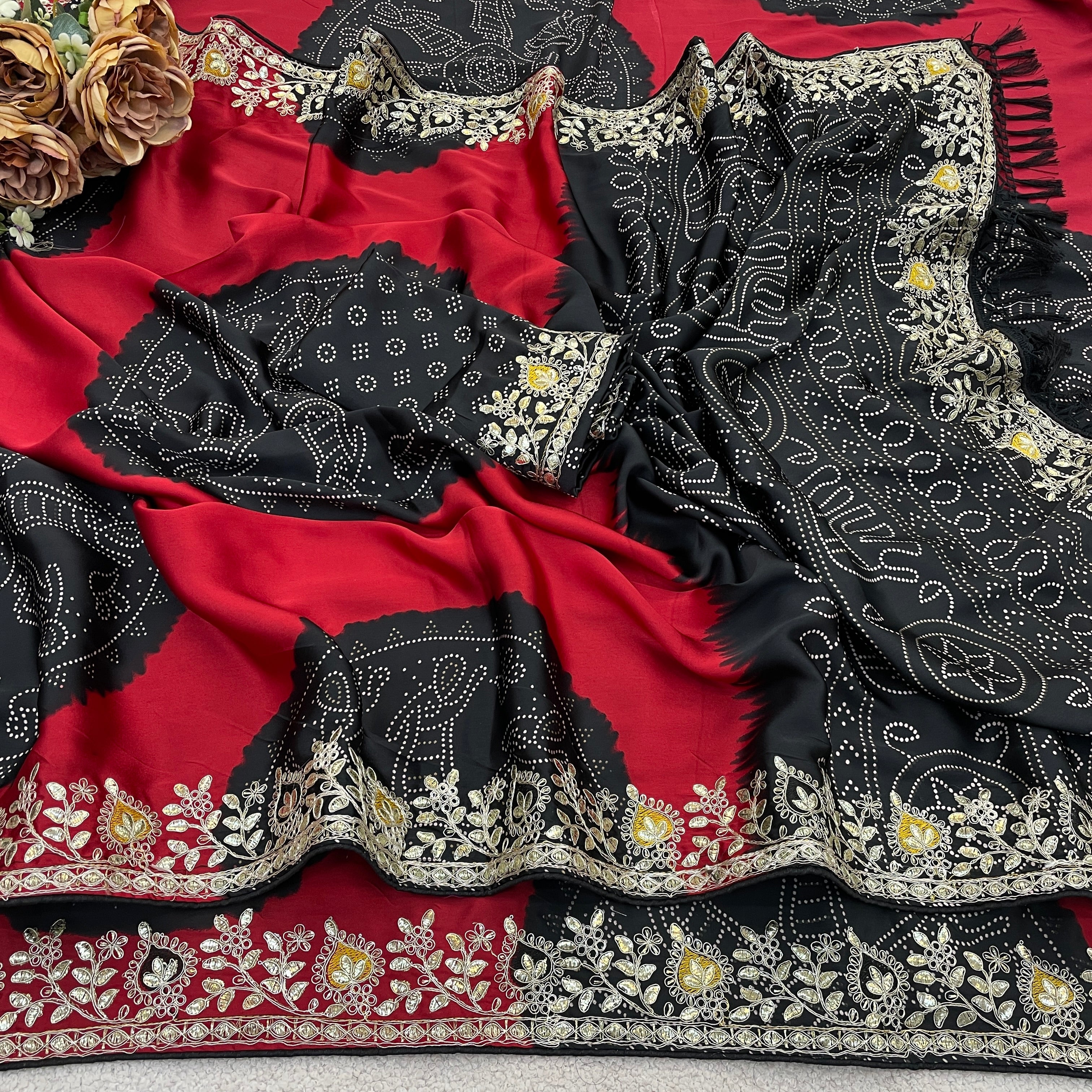 Indian Special Bandhani Motif Saree in Smooth Satin Silk with Tassel Pallu