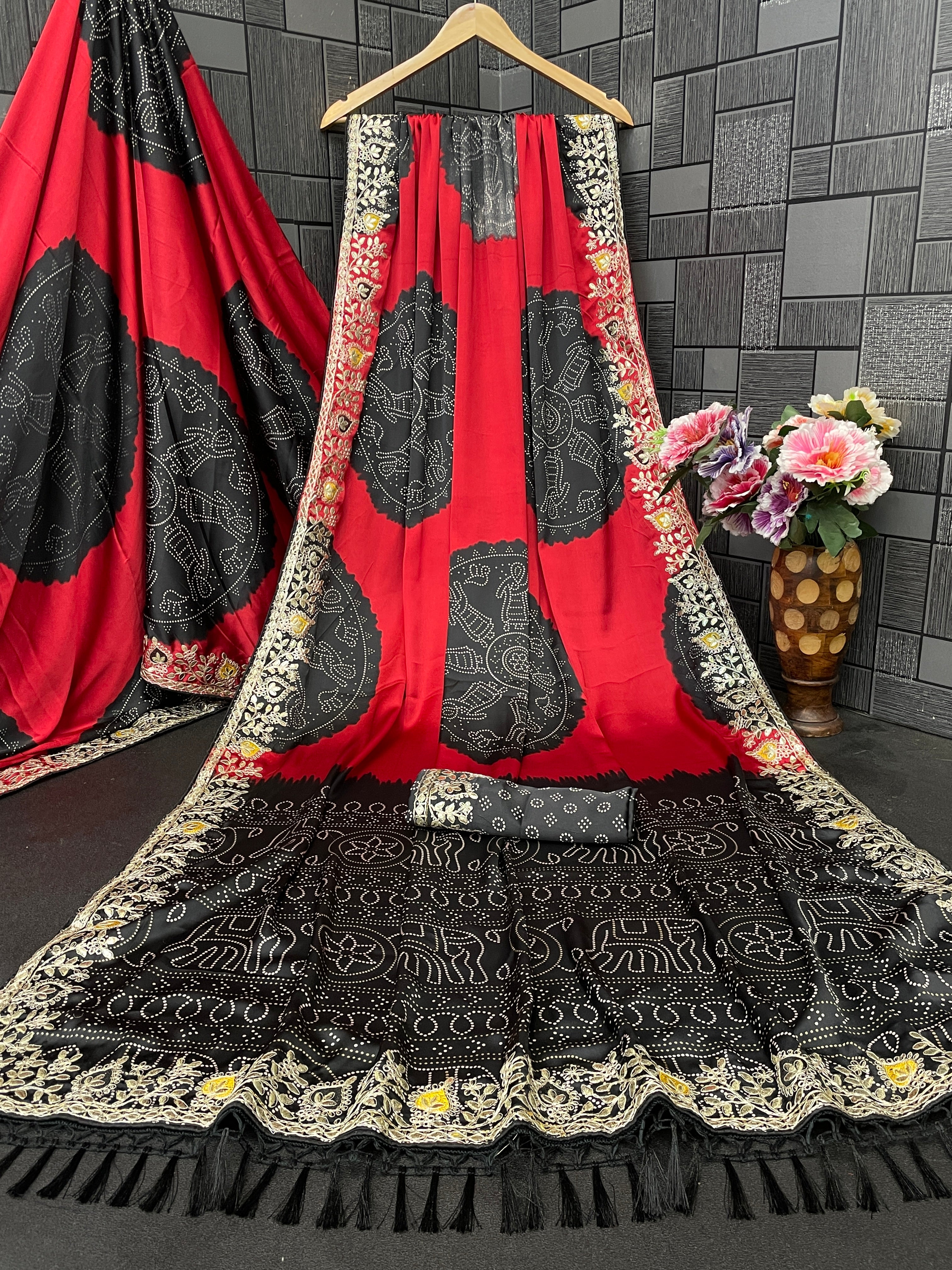 Satin Silk Bandhani Print Saree with Embroidered Border