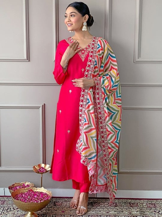 Roman Silk  Embroidered Kurta With Pant Dupatta Set