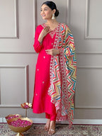 Roman Silk  Embroidered Kurta With Pant Dupatta Set