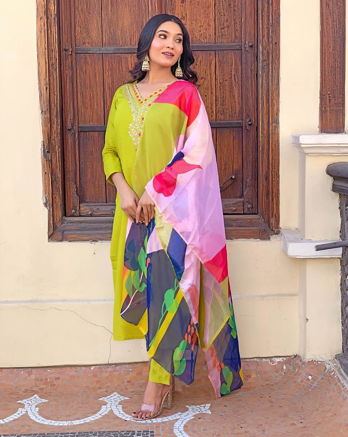 Roman Silk  Embroidered Kurta With Pant Dupatta Set