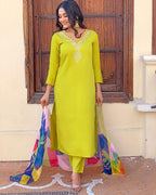 Roman Silk  Embroidered Kurta With Pant Dupatta Set