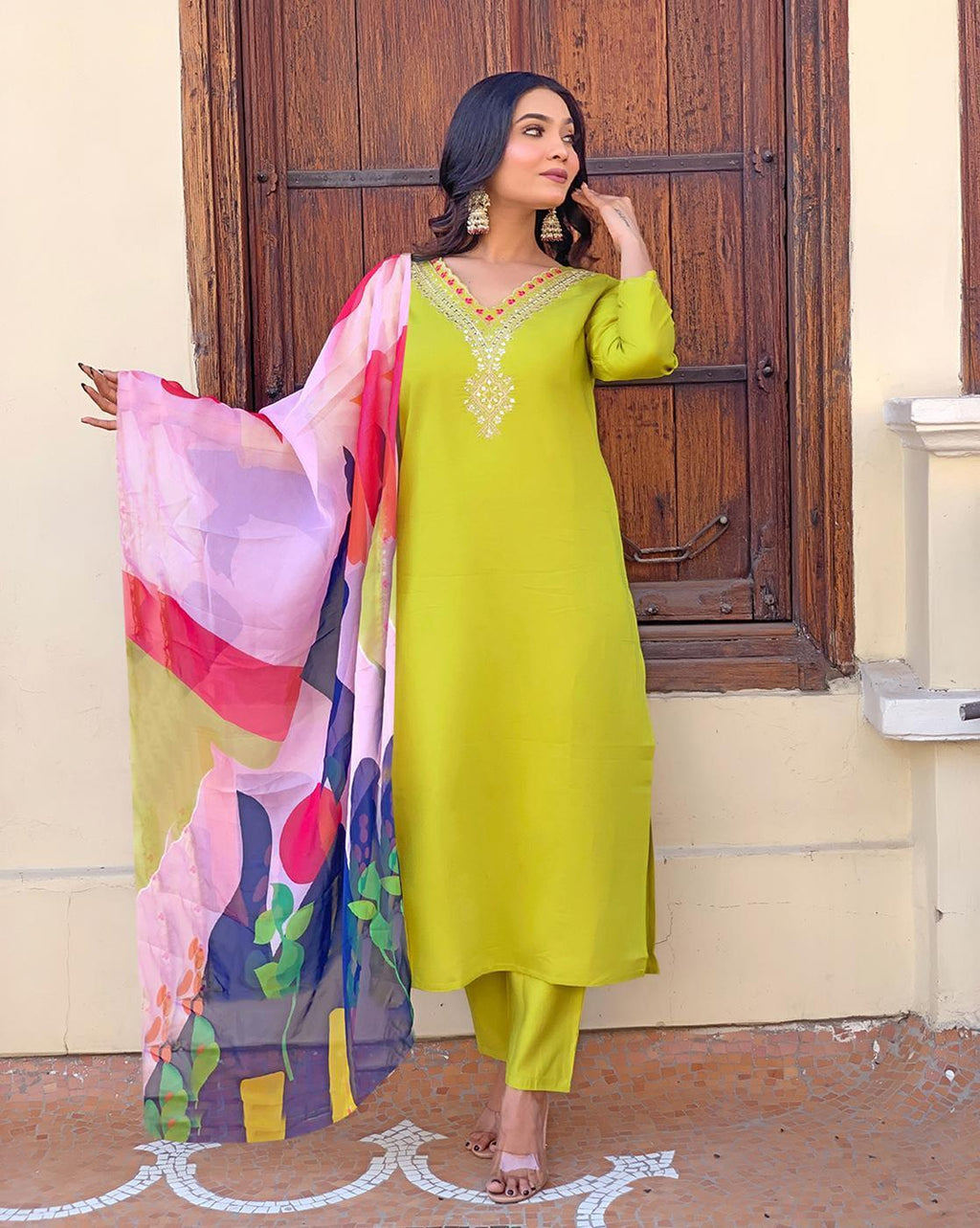 Roman Silk  Embroidered Kurta With Pant Dupatta Set