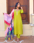 Roman Silk  Embroidered Kurta With Pant Dupatta Set