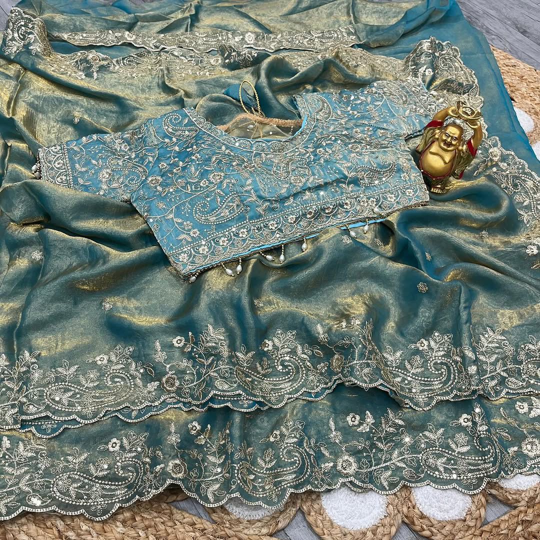 Fendy Satin Embroidered Saree With Stitched Blouse