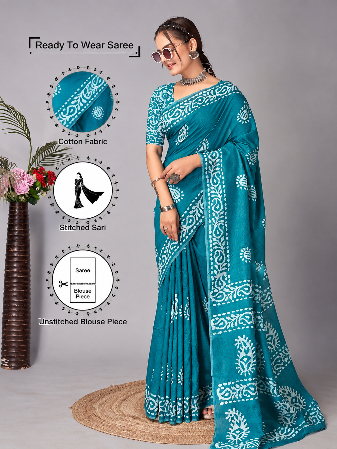 Ready to wear mulmul cotton printed saree – sky blue