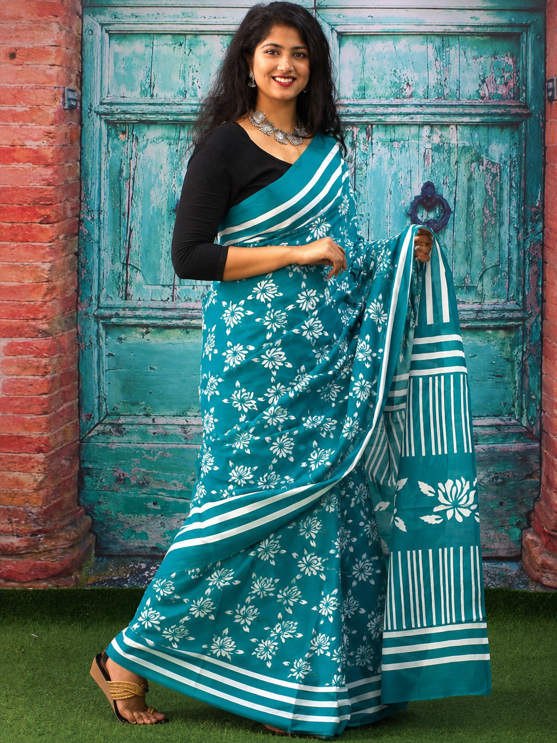 Jaipuri Mul Cotton Ready to Wear Saree for Women | Batik Floral Printed Pre-Draped Pre-Pleated Cotton Saree | Adjustable Waist 26–50 Inch