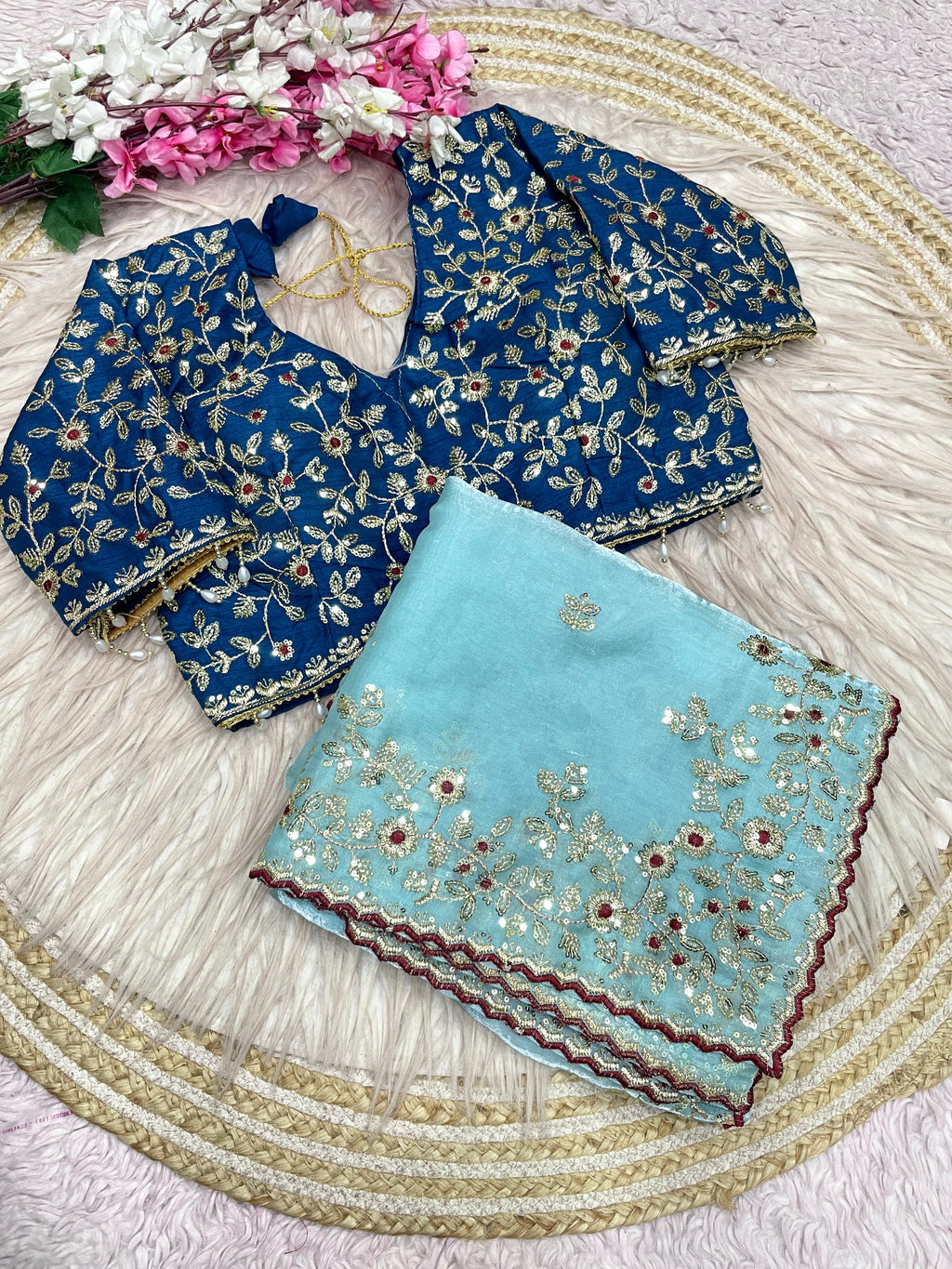Fendy Satin Embroidered Saree With Stitched Blouse