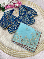 Fendy Satin Embroidered Saree With Stitched Blouse