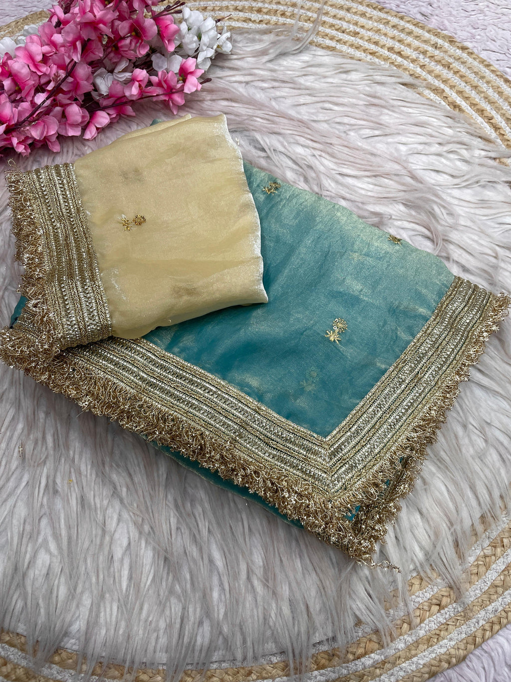 Fandy Satin Saree with Sequin Butti Work and Lace Border