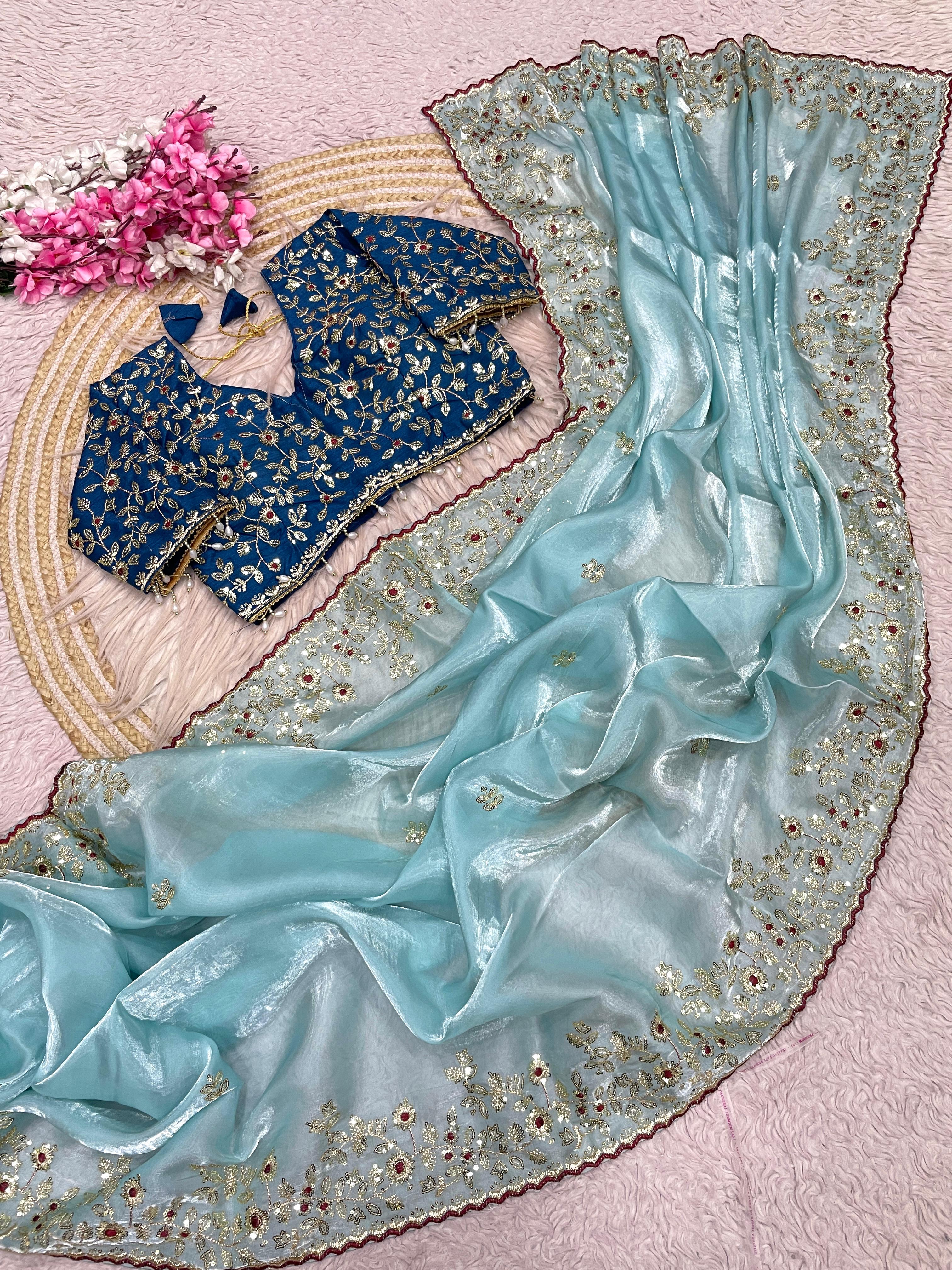 Fendy Satin Embroidered Saree With Stitched Blouse