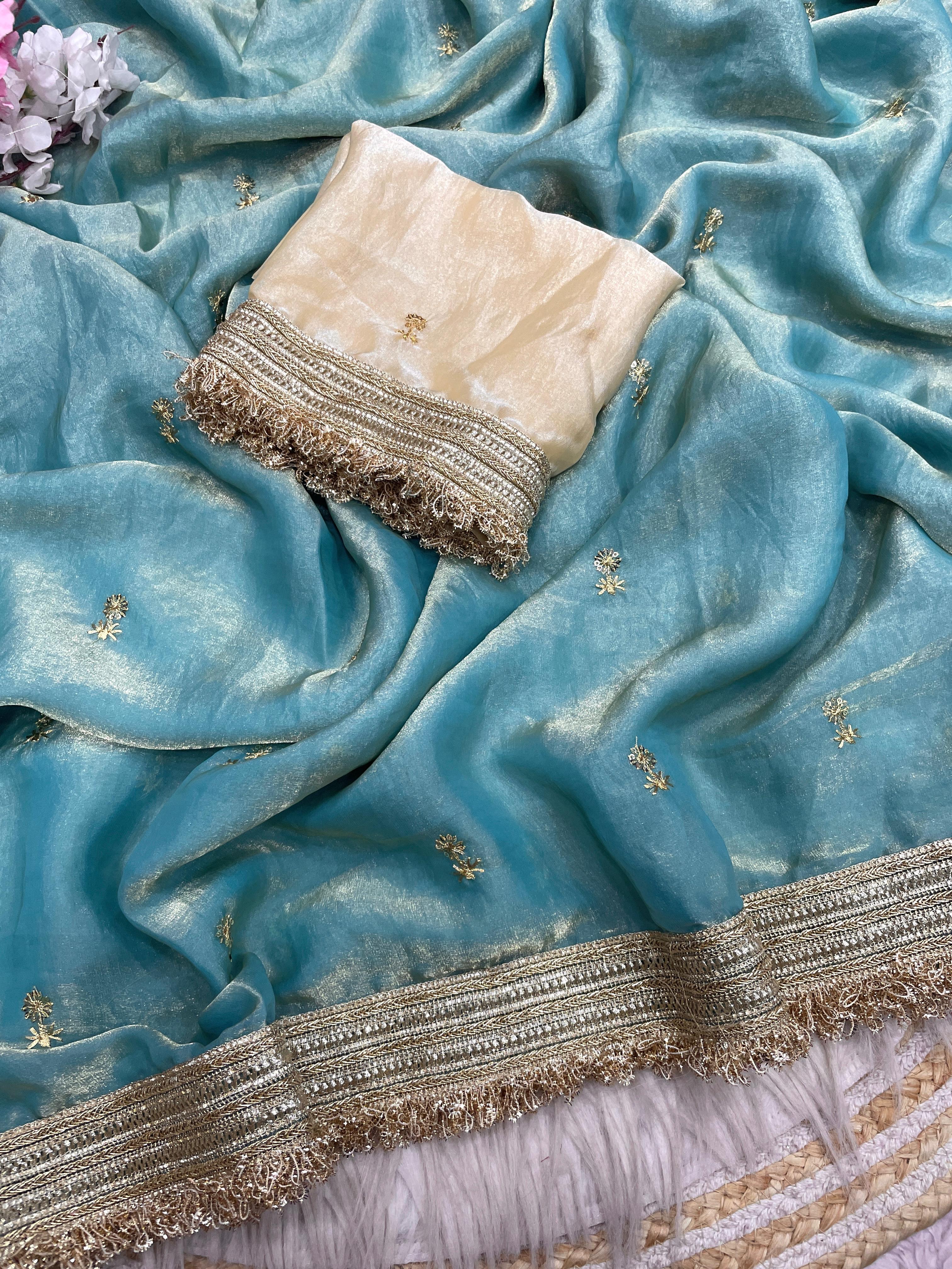 Fandy Satin Saree with Sequin Butti Work and Lace Border