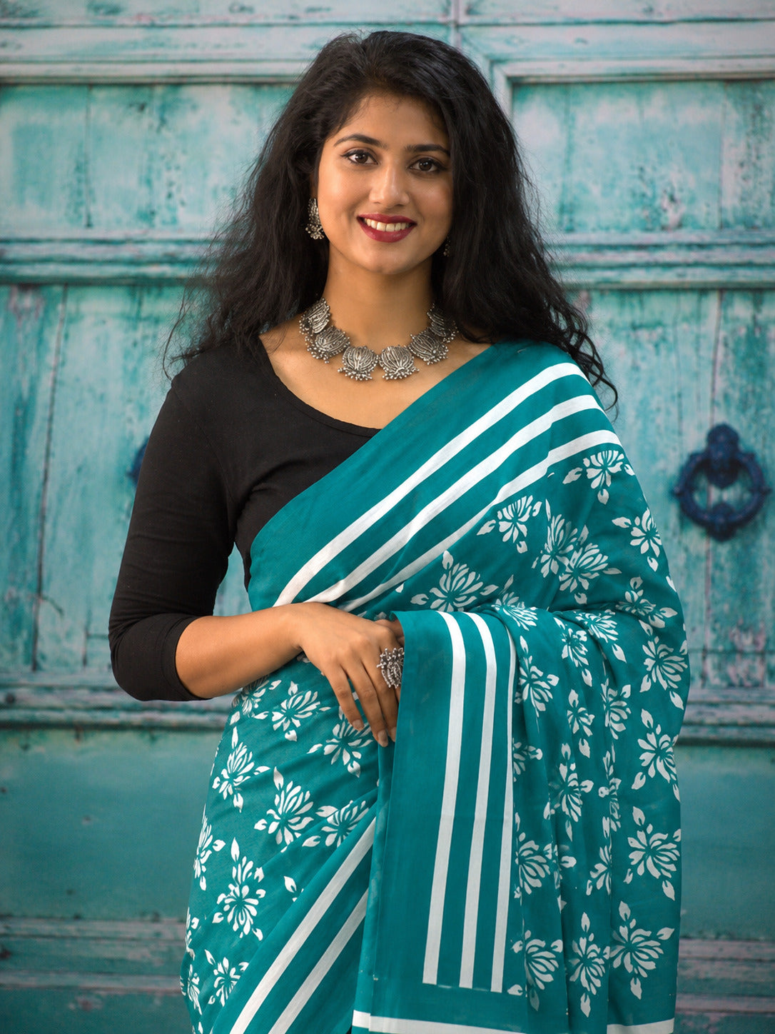 Jaipuri Mul Cotton Ready to Wear Saree for Women | Batik Floral Printed Pre-Draped Pre-Pleated Cotton Saree | Adjustable Waist 26–50 Inch