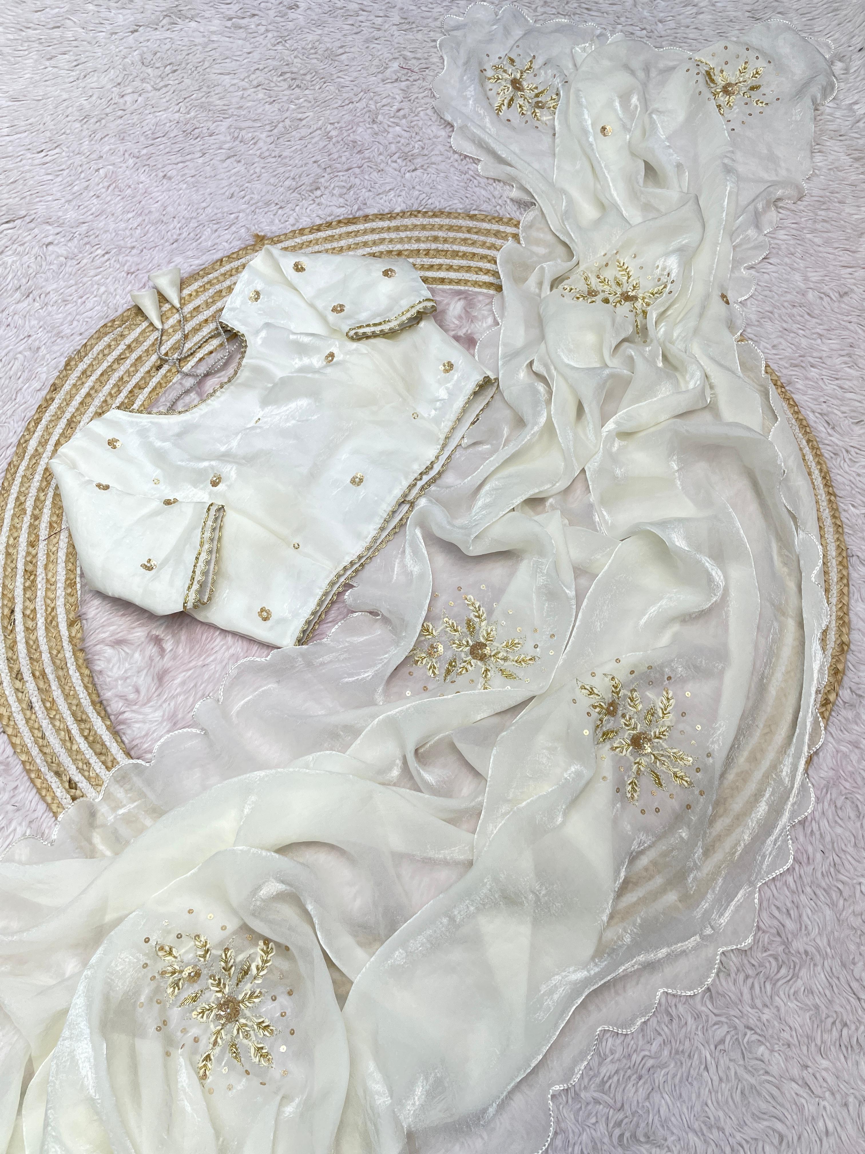 Fandy Satin Khatli Handwork Saree With Stiched Blouse