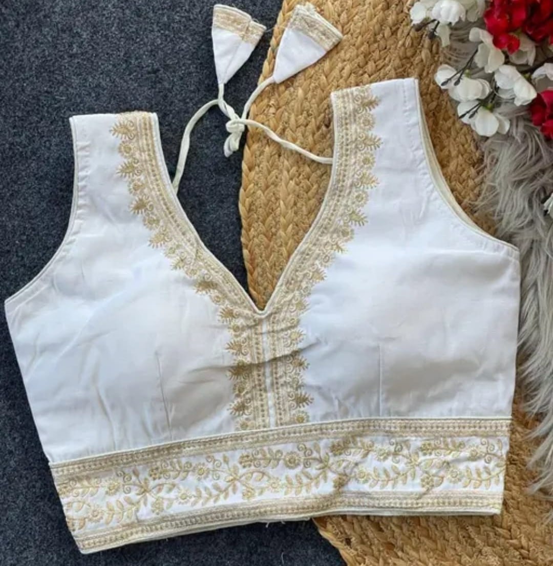 Vichitra Silk Sequin Embroidered Blouse with V-Neck & Tussels