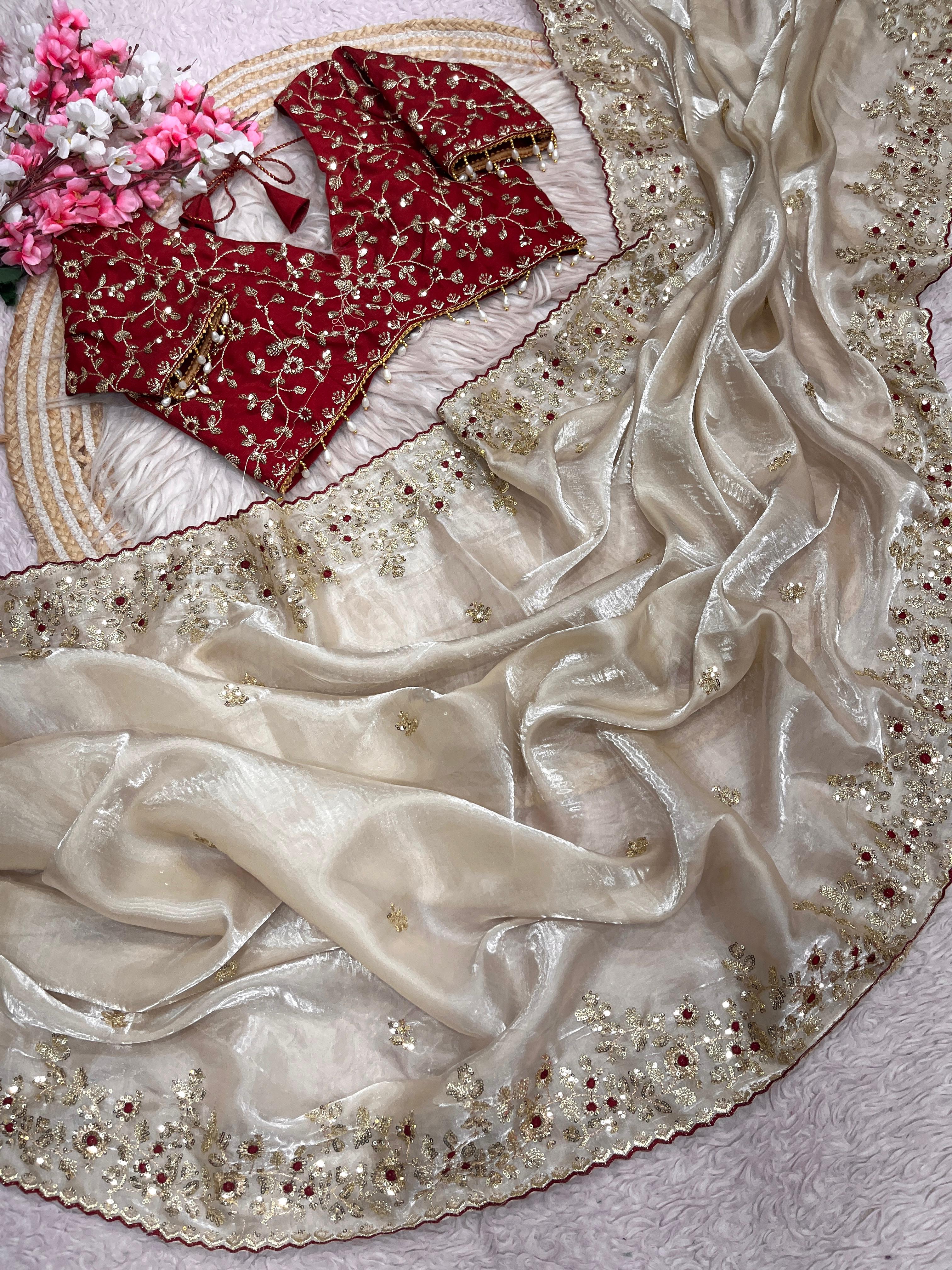 Fendy Satin Embroidered Saree With Stitched Blouse