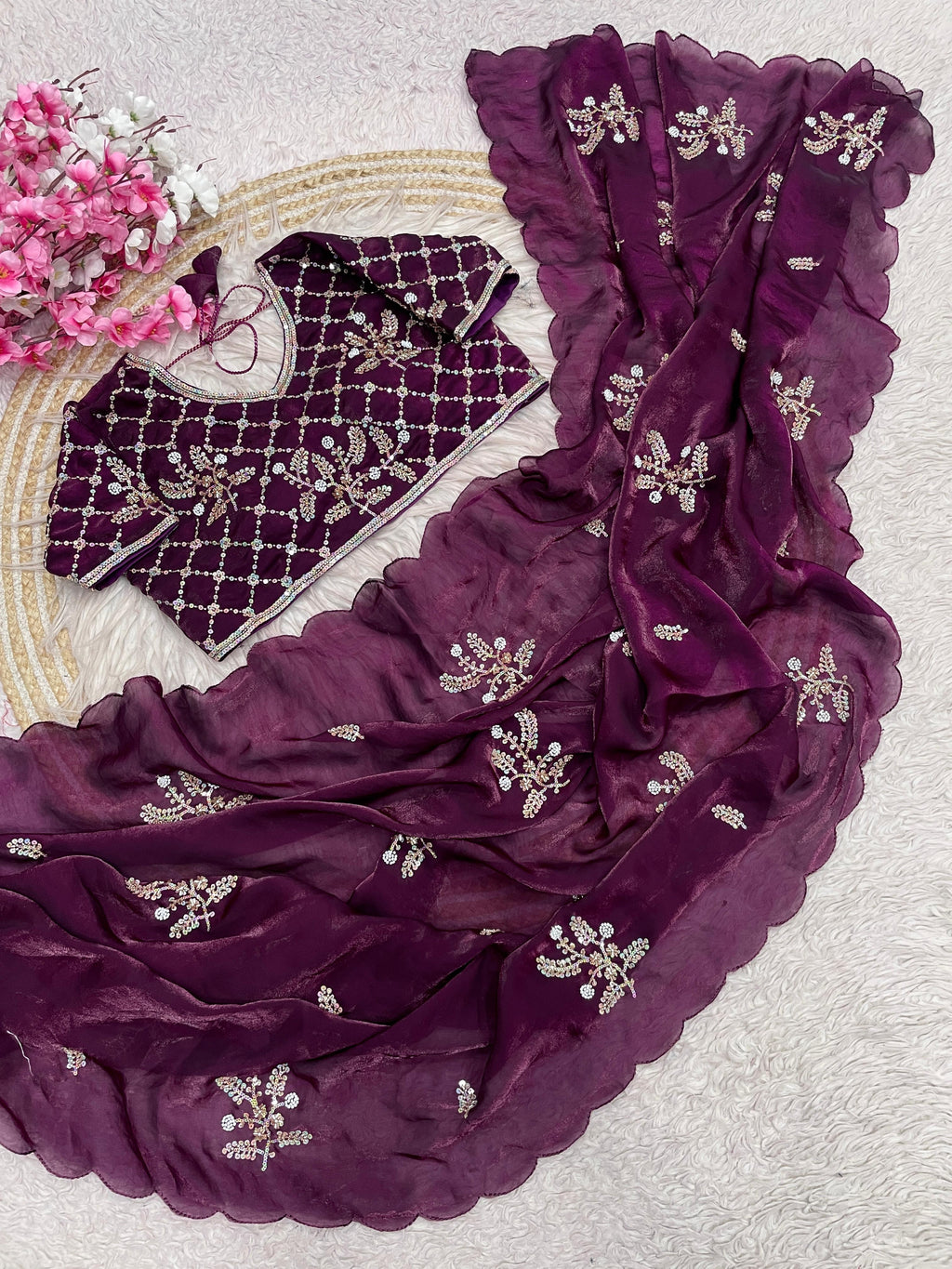 Fandy Satin Brits Work Saree With Stiched Blouse