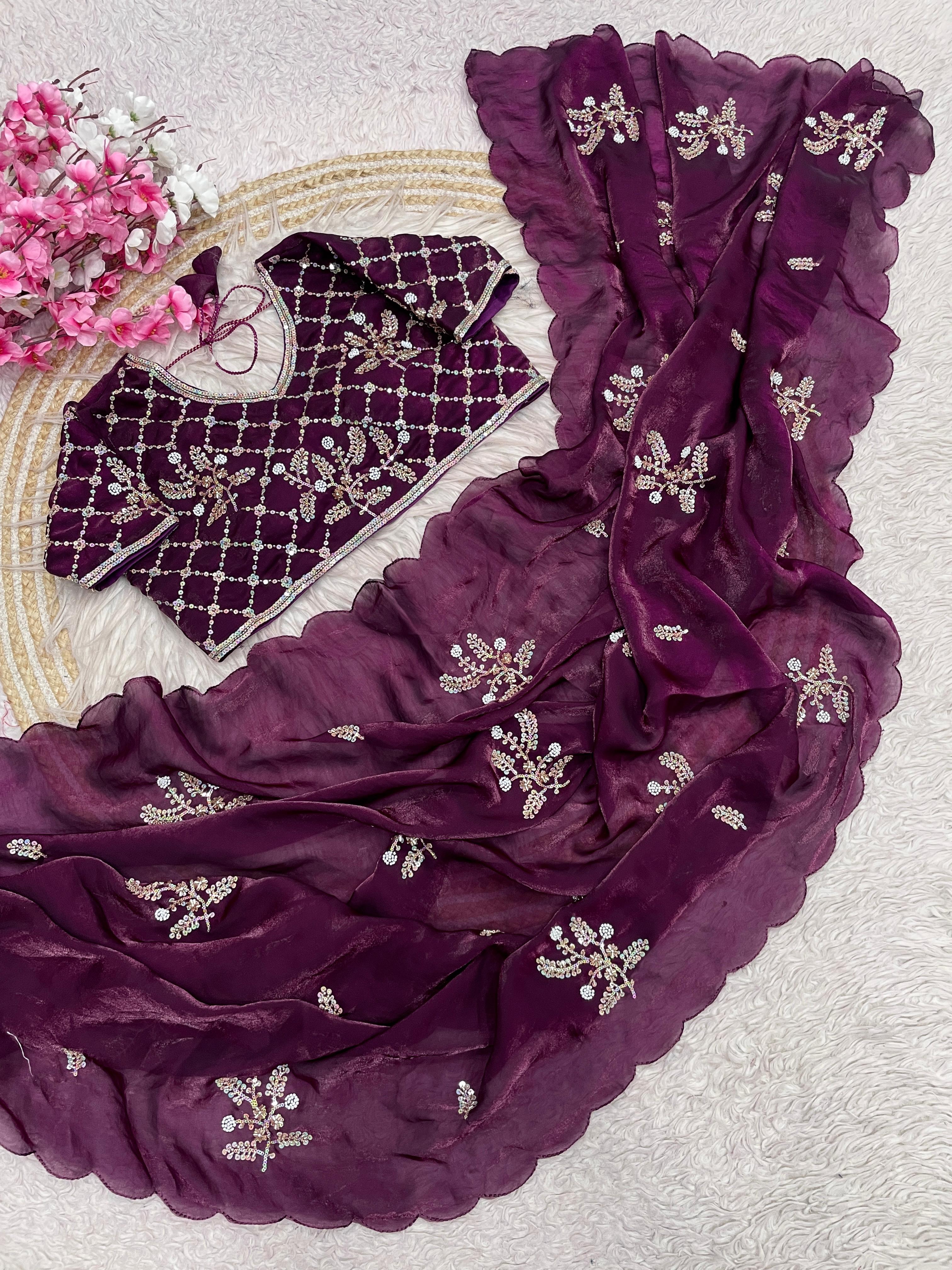 Fandy Satin Brits Work Saree With Stiched Blouse
