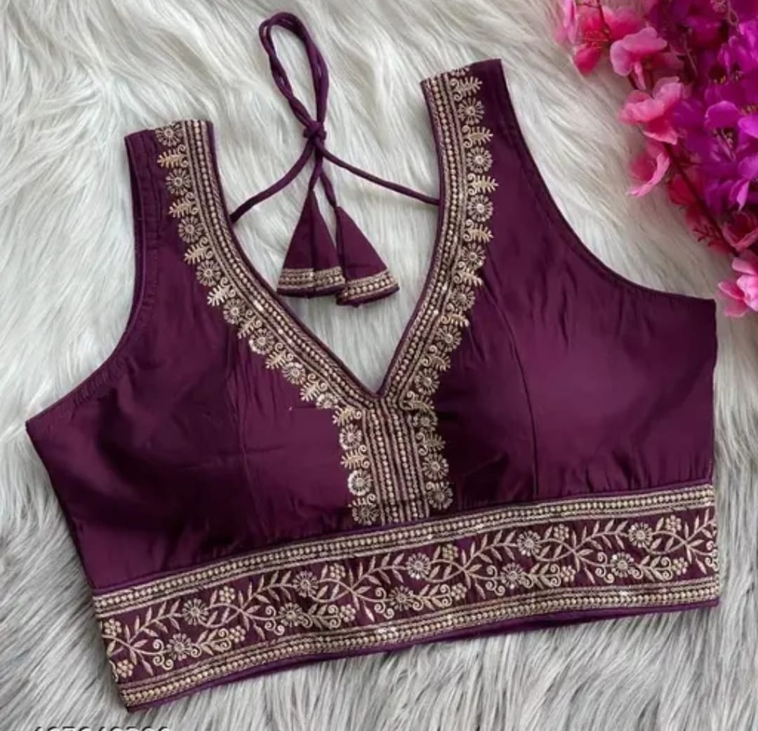 Vichitra Silk Sequin Embroidered Blouse with V-Neck & Tussels