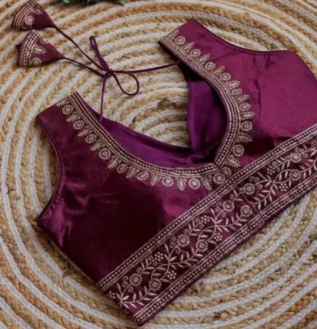 Vichitra Silk Sequin Embroidered Blouse with V-Neck & Tussels