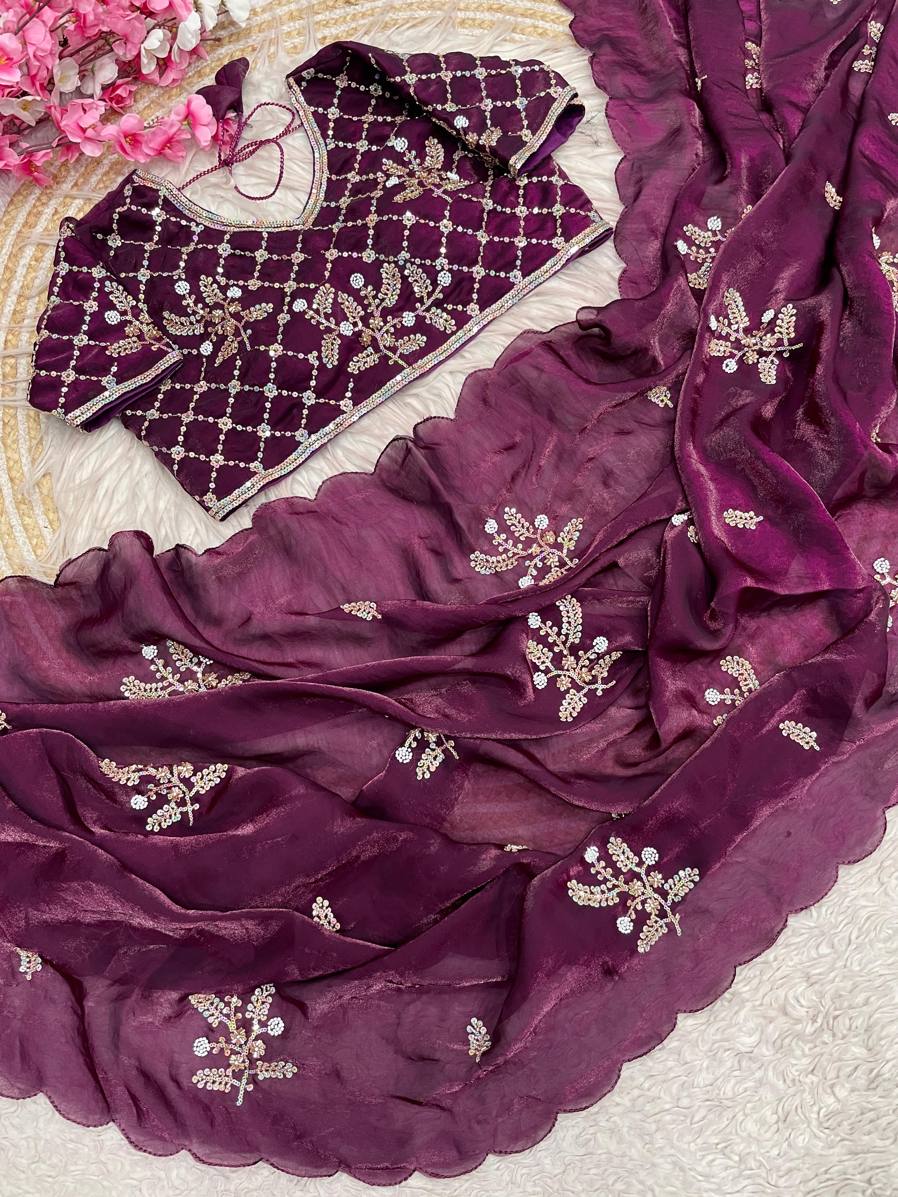 Fandy Satin Brits Work Saree With Stiched Blouse