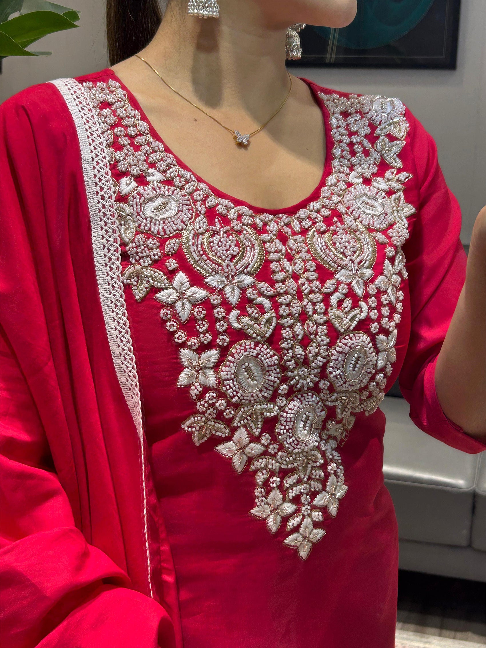Roman Silk  Embroidered Kurta With Pant Dupatta Set