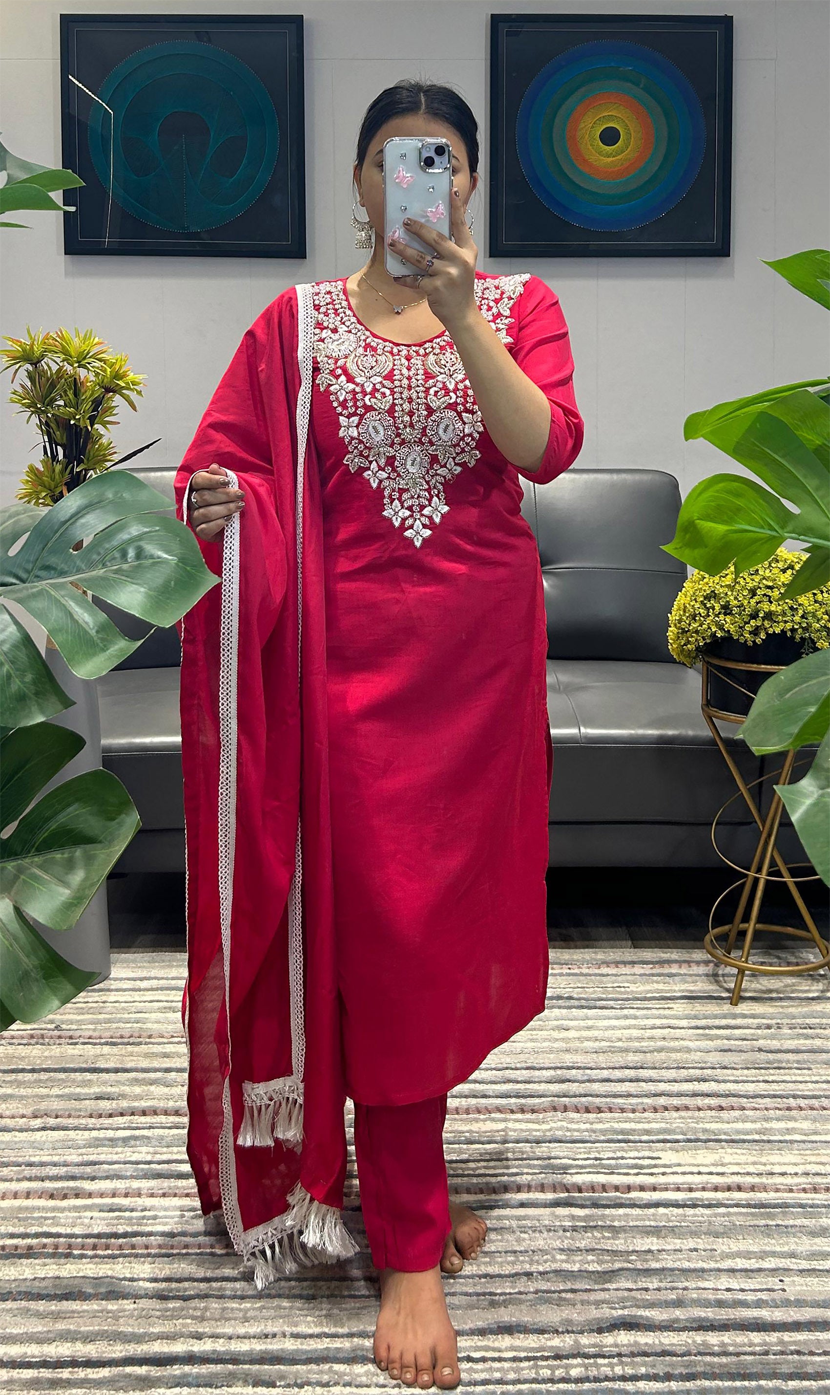 Roman Silk  Embroidered Kurta With Pant Dupatta Set