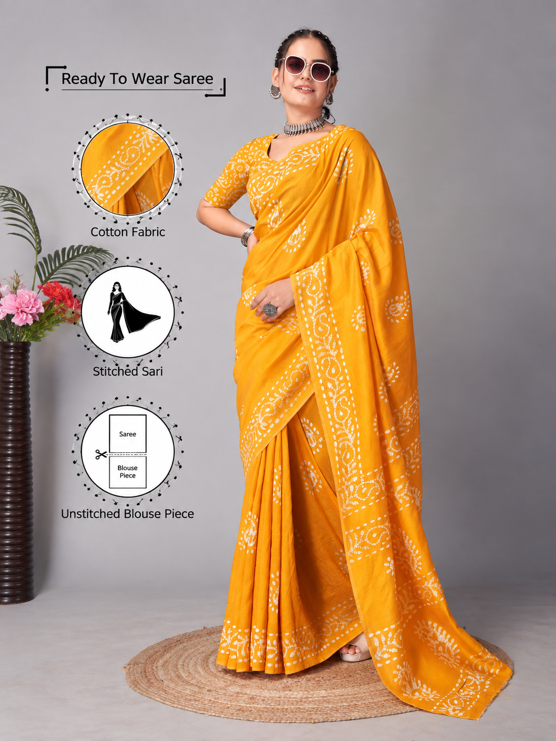 Ready to wear mulmul cotton printed saree – yellow
