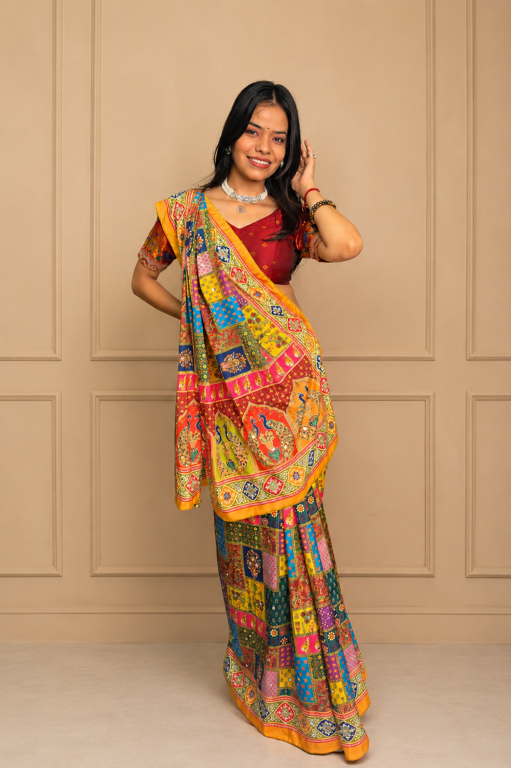 Designer Silk Crepe Digital Print Saree with Embroidered Mirror Work